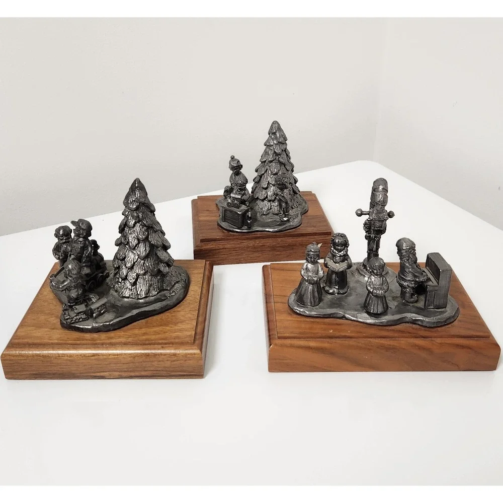 Vintage Michael Ricker Pewter Christmas Figurine Set Wood‎ Base 3pc